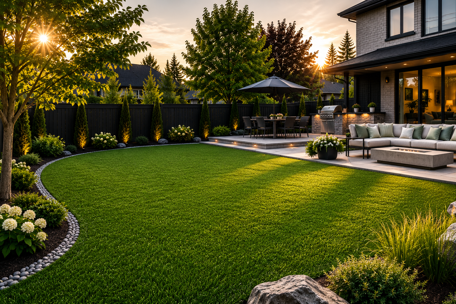 Premium artificial grass backyard installation with modern pool and luxury outdoor living space in Canada