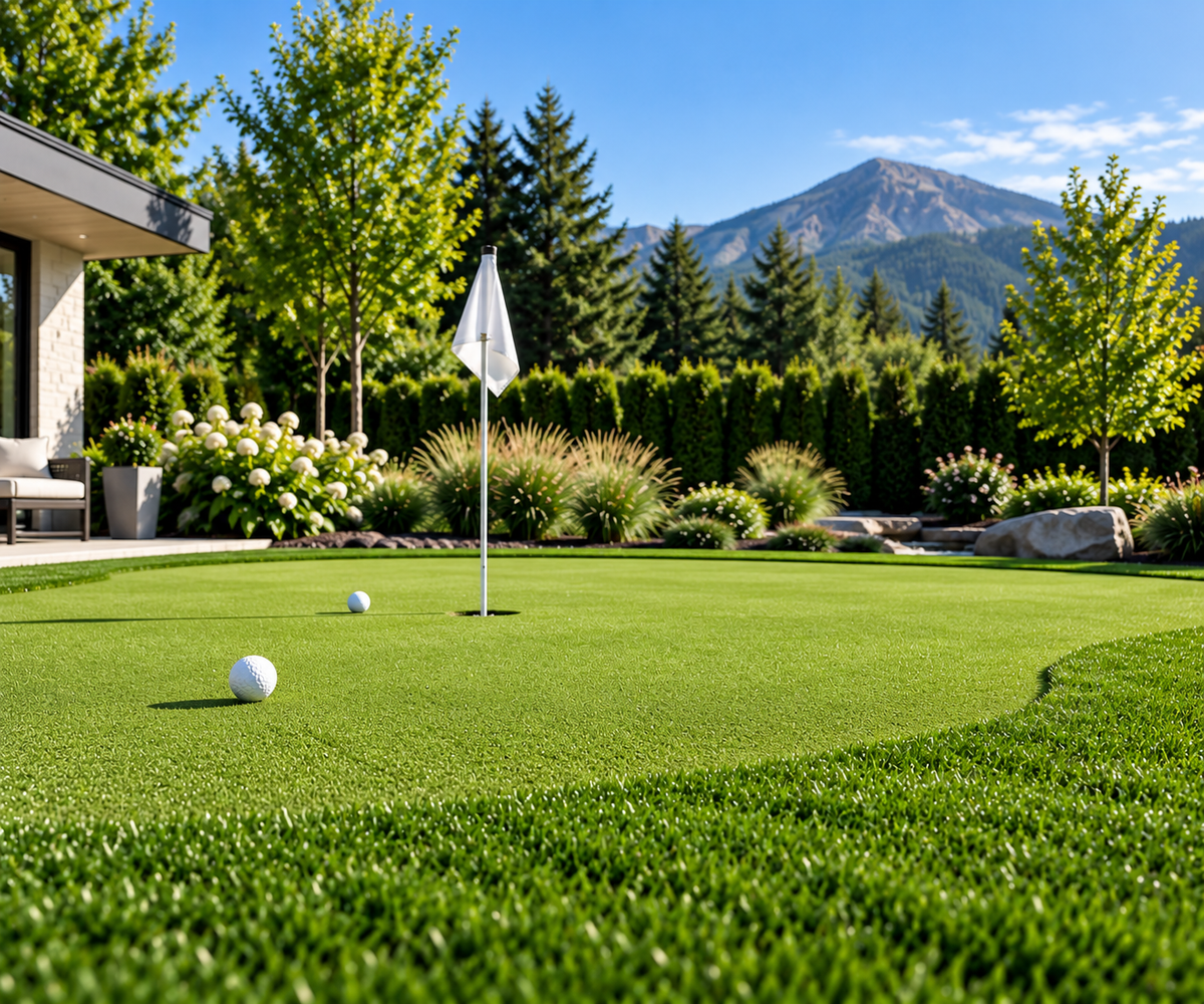 Outdoor artificial grass putting green with flags and stone landscaping