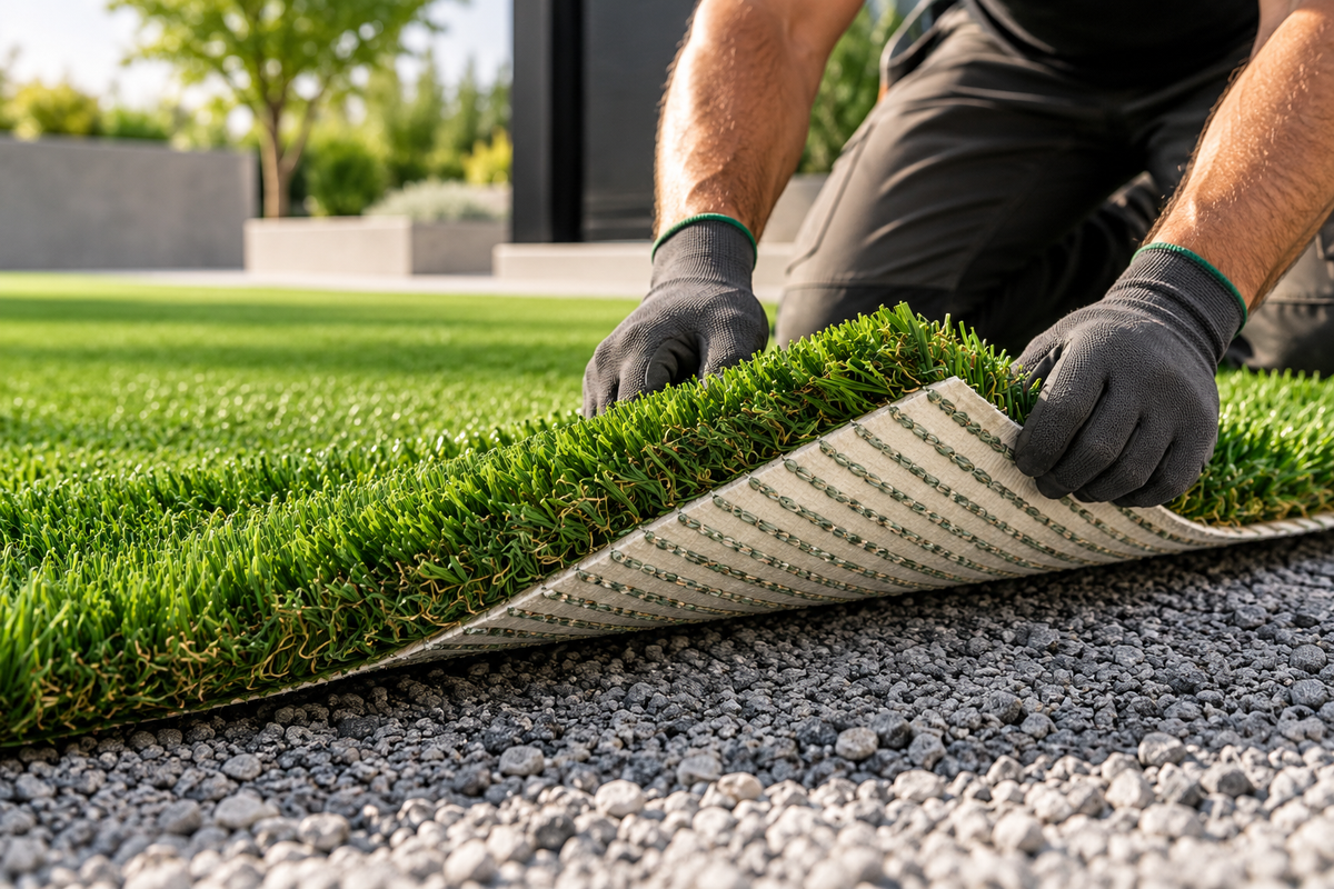 Close-up of green artificial grass fibres