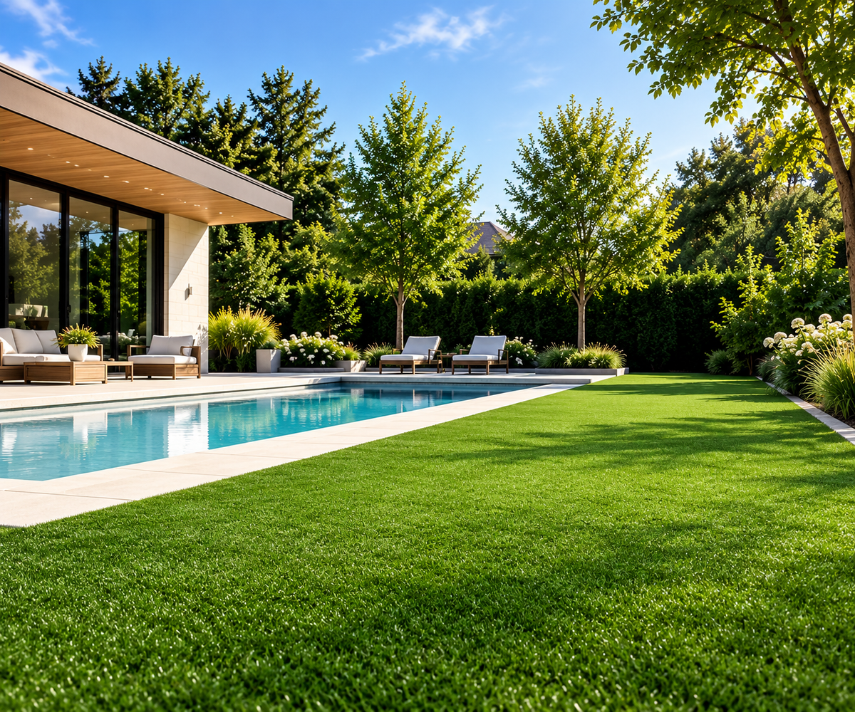 Premium artificial grass backyard installation with modern pool and luxury outdoor living space in Canada